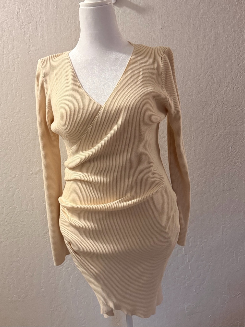 SHEIN Cream Ribbed Wrap-Front Mini Dress - Picture 2 of 3